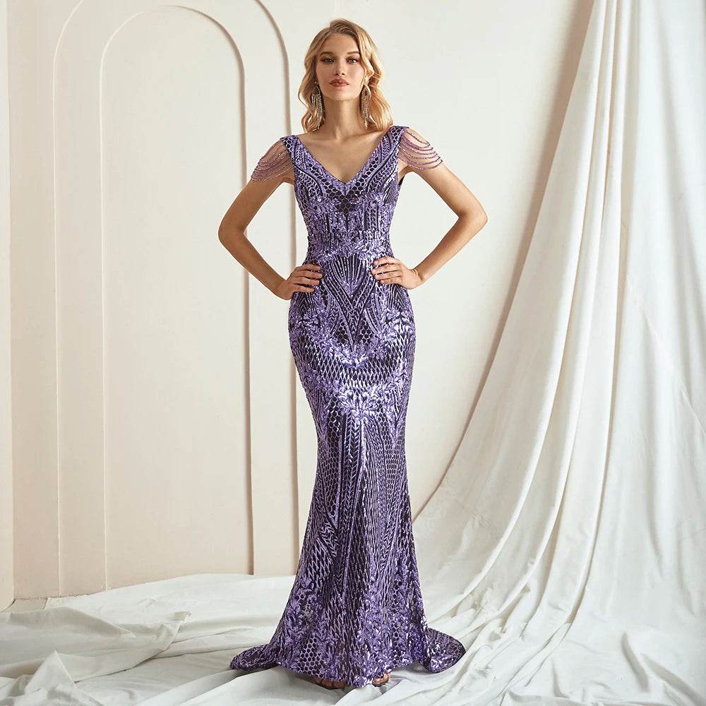 Elegant Purple Sequin Mermaid Evening Dress - Formal Party Gown - Buy Center