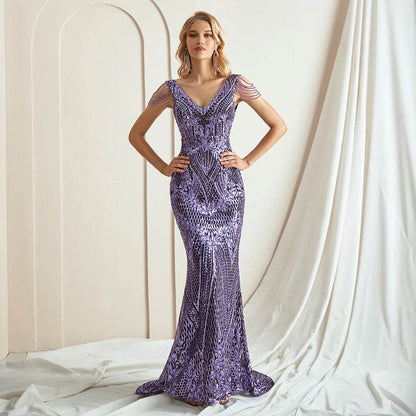Elegant Purple Sequin Mermaid Evening Dress - Formal Party Gown - Buy Center