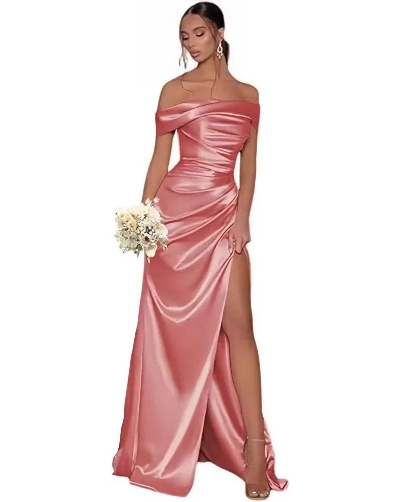 Stunning Off The Shoulder Satin Mermaid Prom Dress - High Split Design - Buy Center