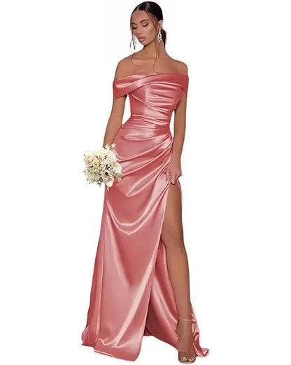 Stunning Off The Shoulder Satin Mermaid Prom Dress - High Split Design - Buy Center
