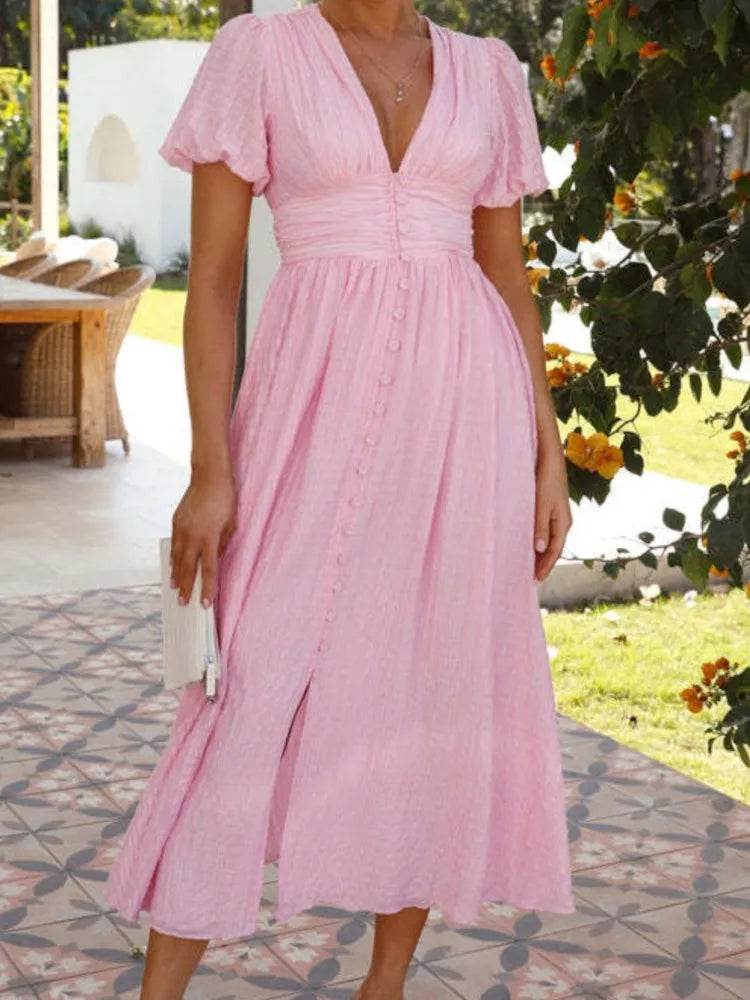 Women's Elegant V-Neck Puff Sleeve Dress - Summer Beach Party Style - Buy Center