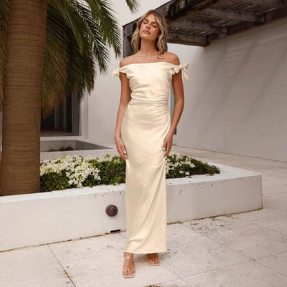 Elegant Off-Shoulder Bow Satin Maxi Dress - Ankle-Length for Women - Buy Center