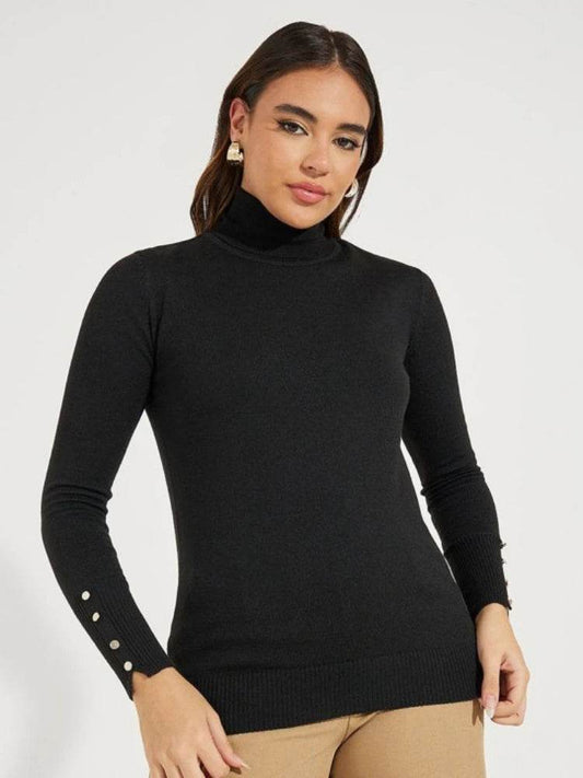 Women's Cropped Turtleneck Sweater with Buttons - Casual Knit Pullover - Buy Center