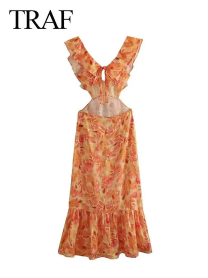TRAFZA Women’s Bohemian V-Neck Ruffle Dress - Backless Orange Style - Buy Center