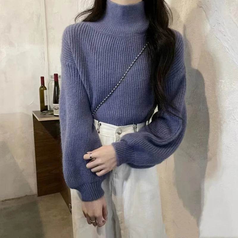 FIGOHR Women's Ribbed Turtleneck Pullover - Lantern Sleeve Sweater - Buy Center