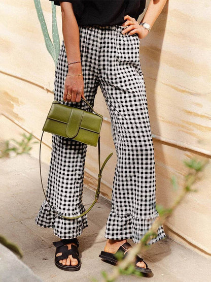 Hirigin Y2K Plaid Wide Leg Pants - Casual Ruffled Hem Trousers - Buy Center