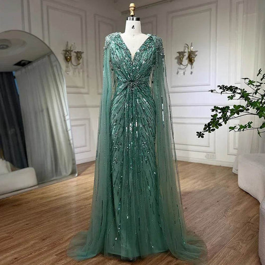 Serene Hill Turquoise Mermaid Evening Dress with Beaded Cape Sleeves - Buy Center