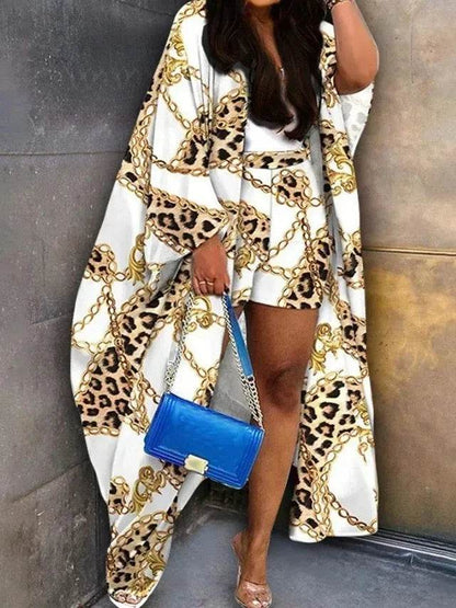 Kalenmos Women's Abstract Print Batwing Sleeve Cardigan & Shorts Set - Buy Center