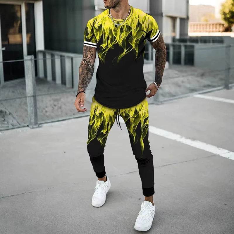 Flame 3D Printed Casual Summer Set - Short Sleeve T-Shirt & Pants - Buy Center