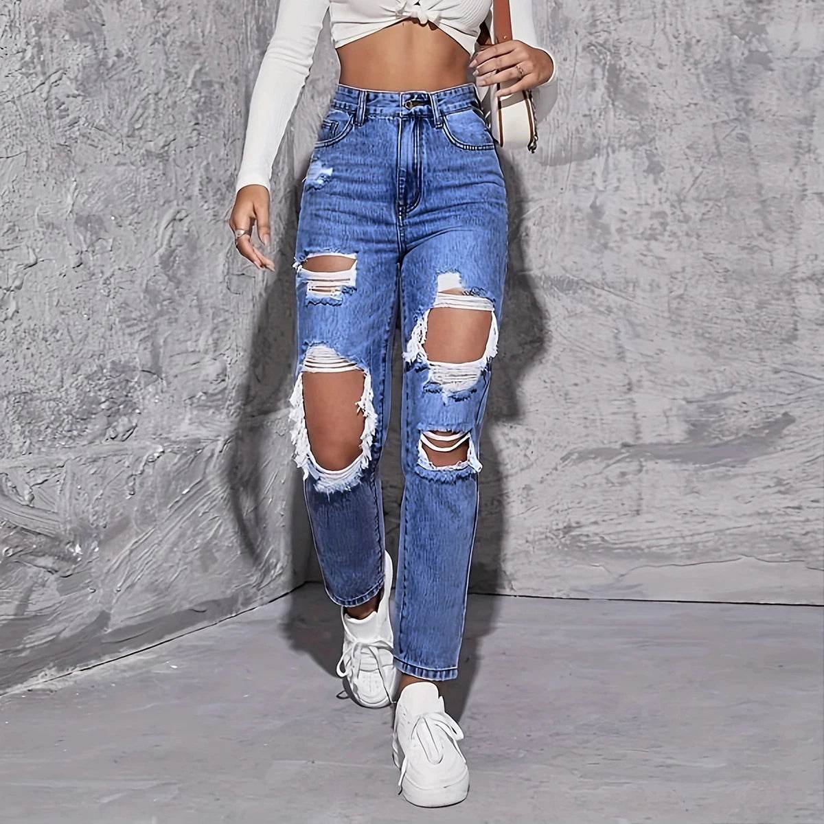American Retro High Waist Hole-Punched Jeans for Women - Loose Fit - Buy Center