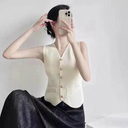 TEROKK Women's V-Neck Knitted Vest - Slim Fit, Solid Color Style - Buy Center