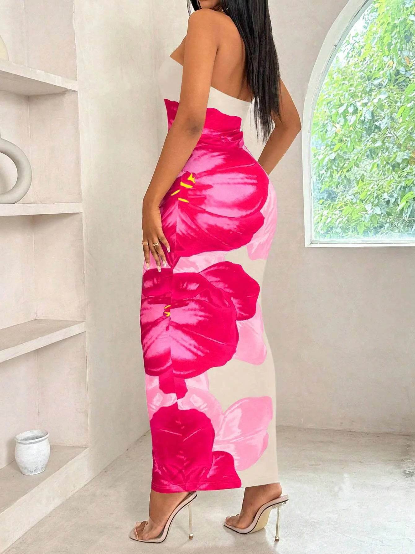 Women's Elegant Slim-Fit Long Dress - Strapless, Print Design - Buy Center