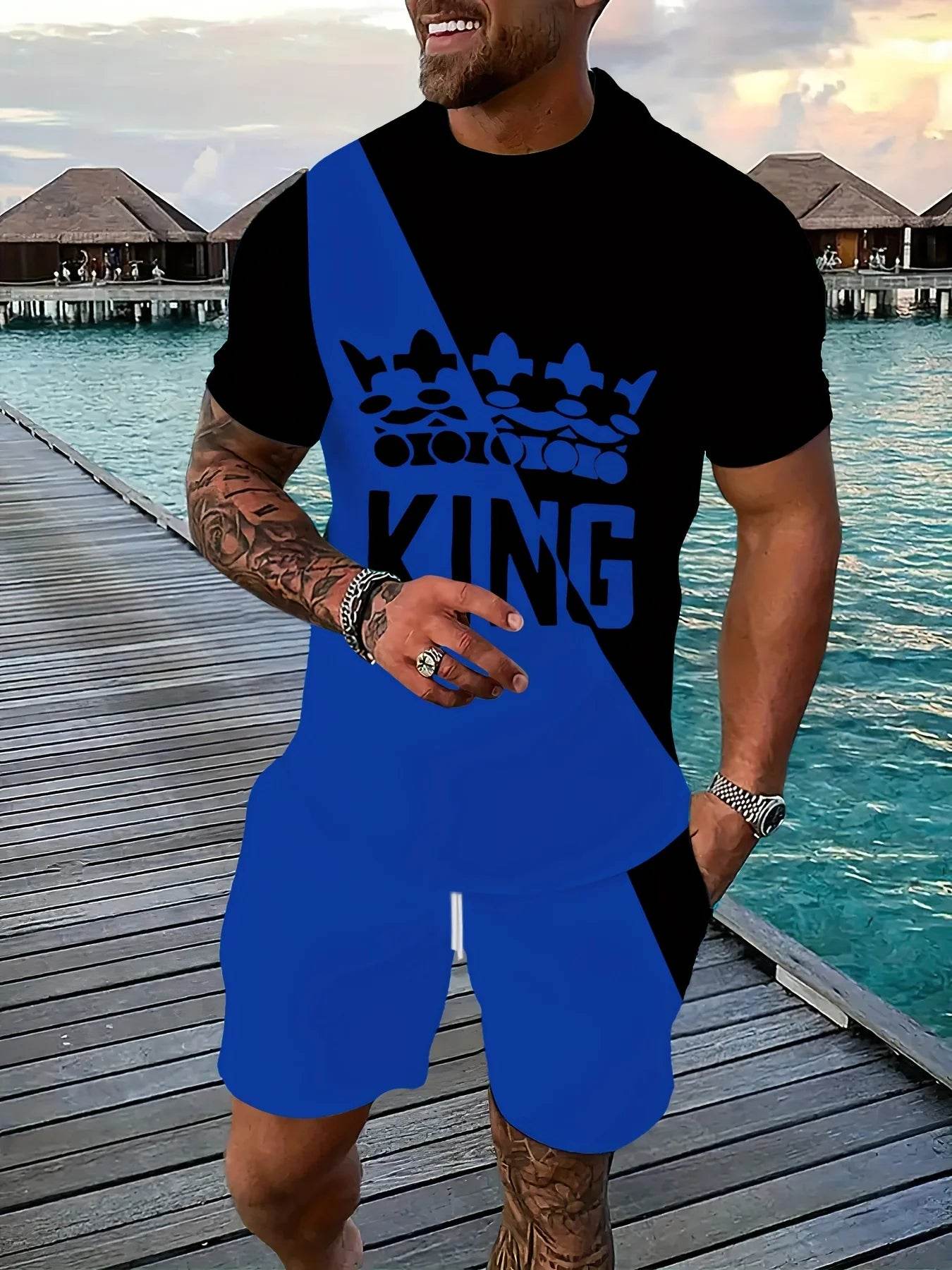 2025 Men's Casual 3D Printed Suit - Black and Blue Outdoor Fashion - Buy Center