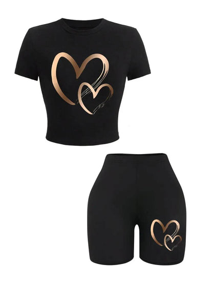 Teekossc Women’s Summer Slim-Fit T-Shirt & Shorts Set - Heart Prints - Buy Center