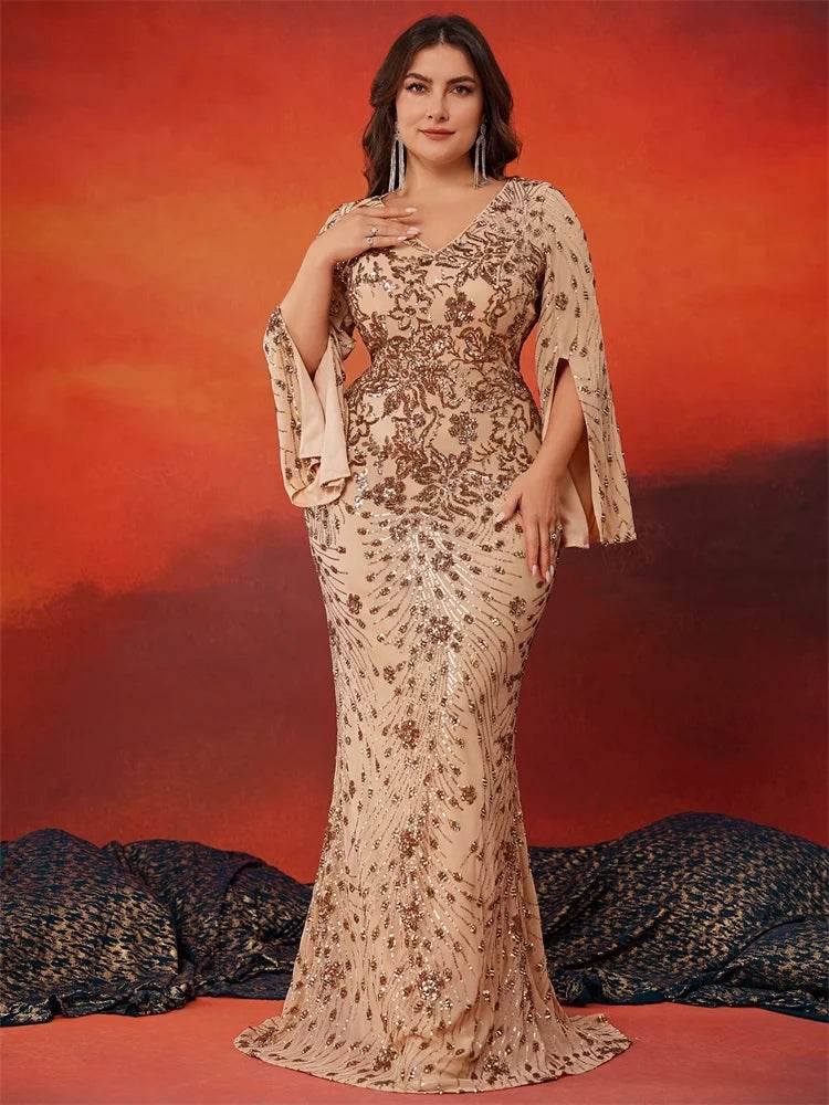 Lucy in Love Plus Size Gold Evening Dress - Long Sleeve Mermaid Gown - Buy Center