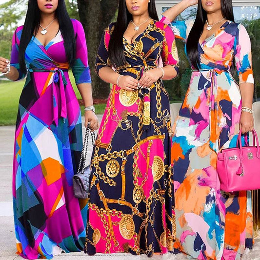 Women’s Bodycon Beach Maxi Dress - Floral Print, V-Neck, 3/4 Sleeve - Buy Center