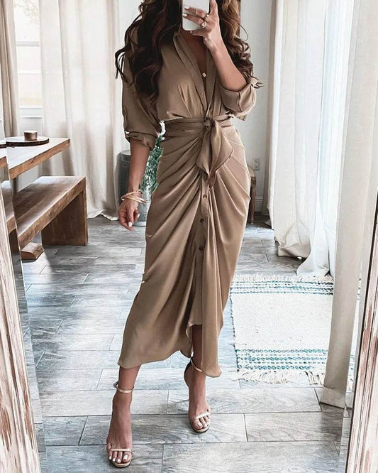 Summer Women’s Bandage Ruched Dress - Elegant V-Neck Casual Wear - Buy Center