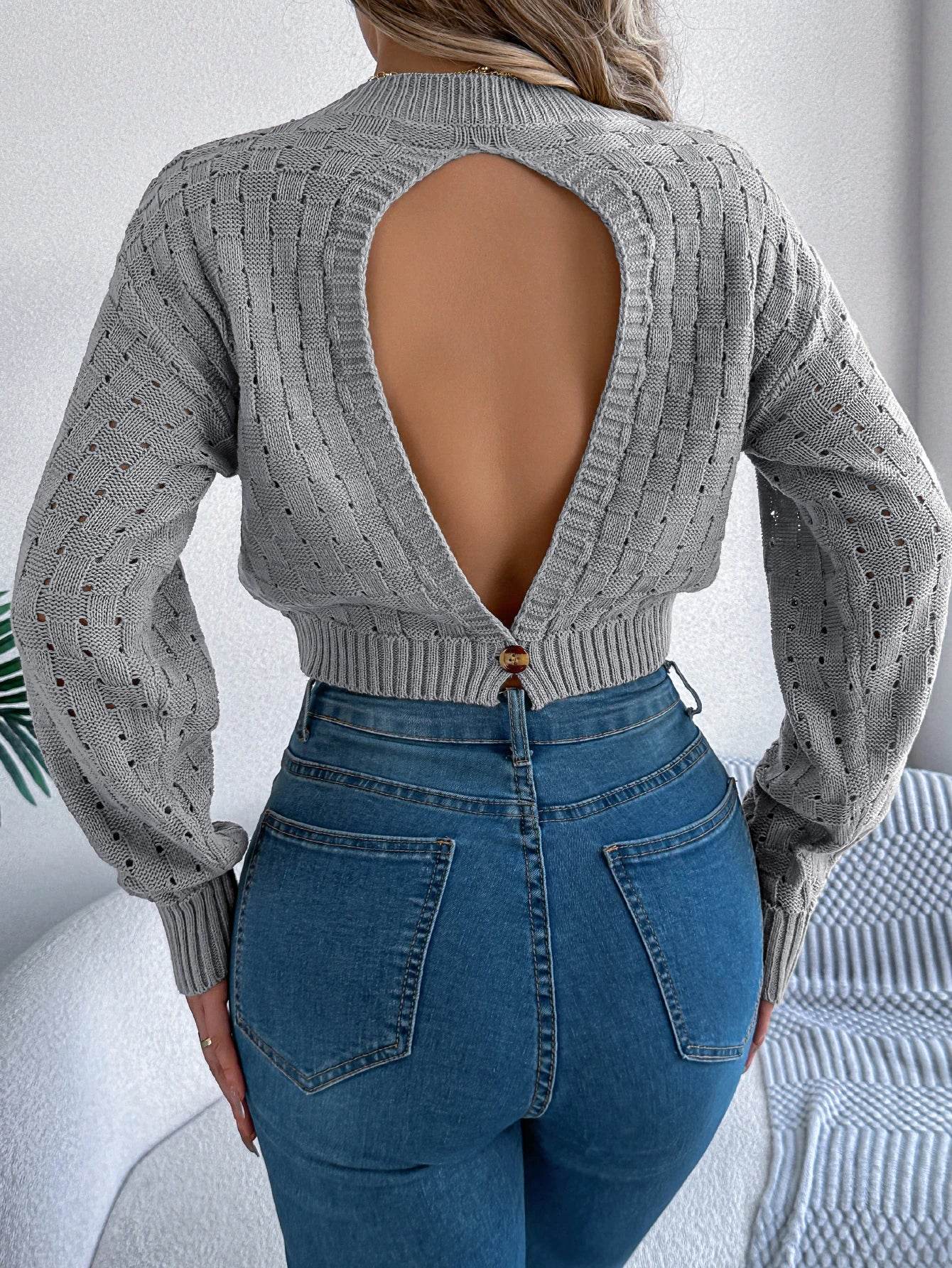 LUSMAY Casual Backless Sweater - Autumn/Winter Button Pullover - Buy Center