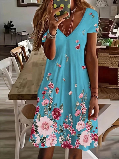 Chic Floral Knee-High Dress - V-Neck Casual Wear for All Seasons - Buy Center
