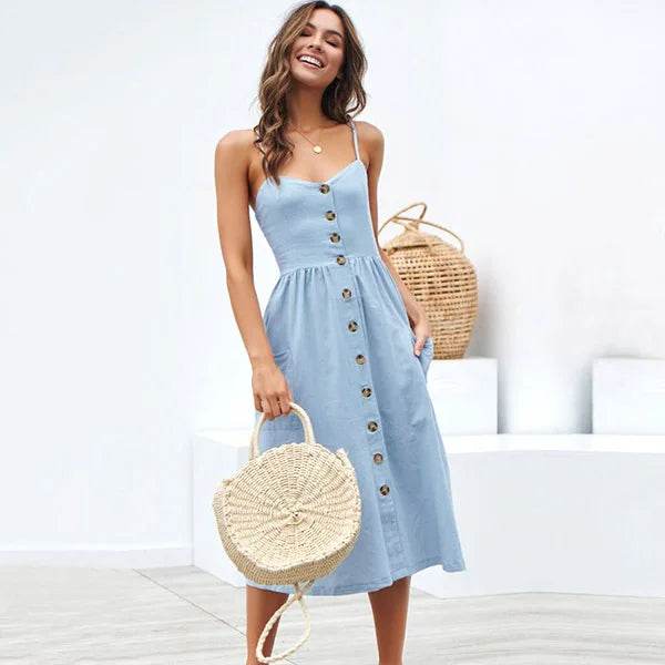 Women's Beach Print Midi Dress - Spaghetti Strap V-Neck Style - Buy Center