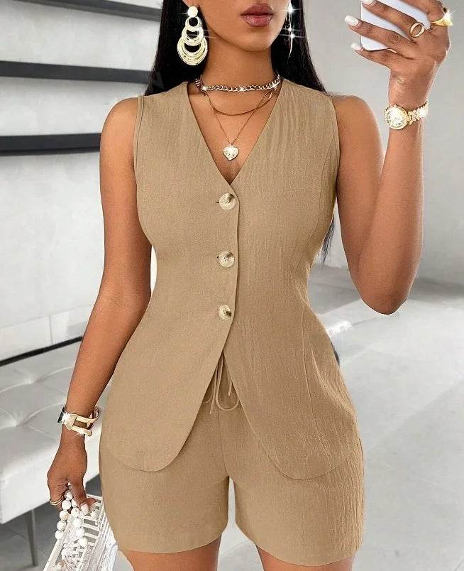 Stylish Women's V-neck Shorts Set - Solid Color, Sleeveless Design - Buy Center