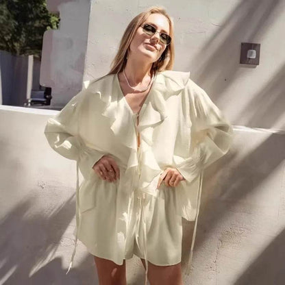 Tuularose Women's Ruffled Tie Top & Shorts Set - Casual Office Style - Buy Center