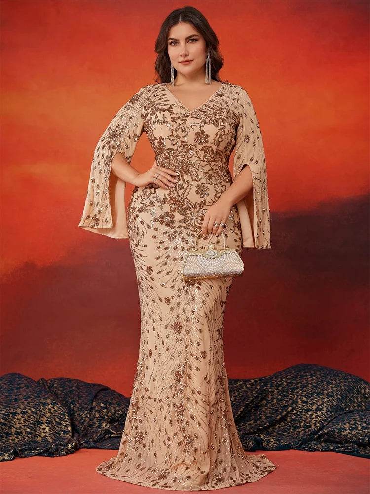 Lucy in Love Plus Size Gold Evening Dress - Long Sleeve Mermaid Gown - Buy Center