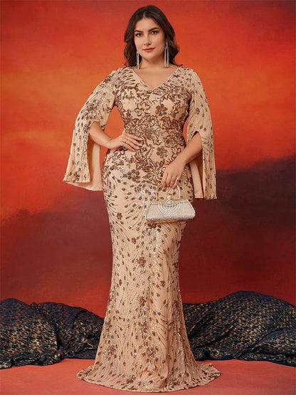 Lucy in Love Plus Size Gold Evening Dress - Long Sleeve Mermaid Gown - Buy Center