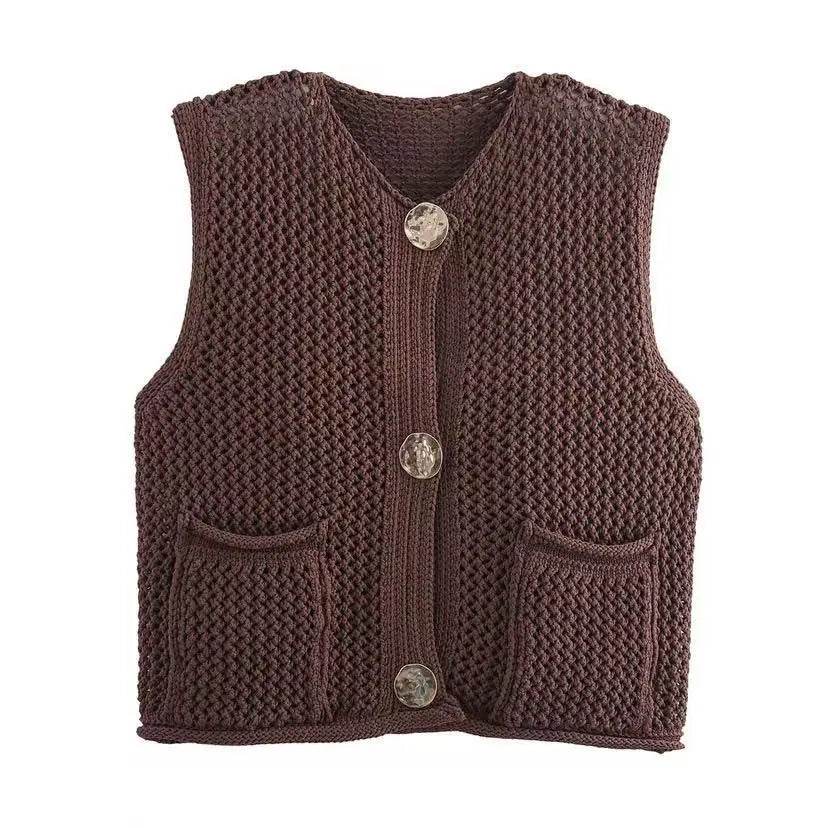 Chic Women's Sleeveless Knit Vest Sweater with Big Pockets - Buy Center