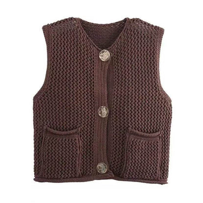 Chic Women's Sleeveless Knit Vest Sweater with Big Pockets - Buy Center