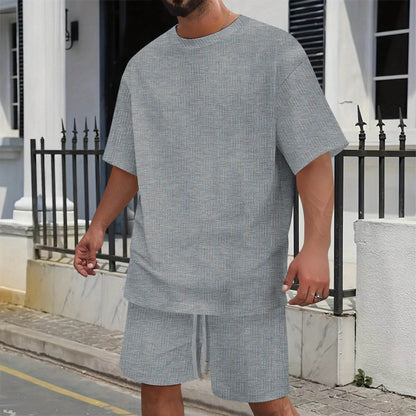Men's Summer Leisure Suit - Solid Color T-Shirt & Drawstring Shorts Set - Buy Center