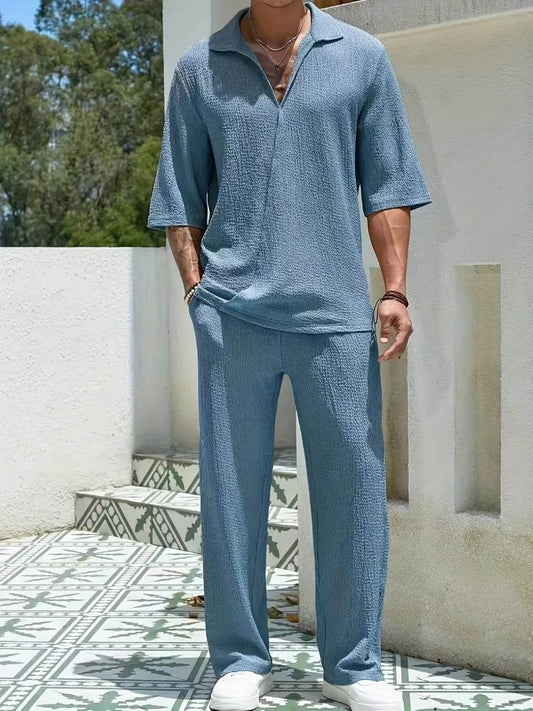 Men's Spring V-Neck Half-Sleeve Shirt & Pants Solid Color Suit - Buy Center
