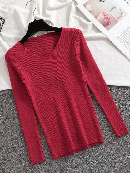 AOSSVIAO Women’s V Neck Sweater - Casual Slim-fit Long Sleeve Top - Buy Center