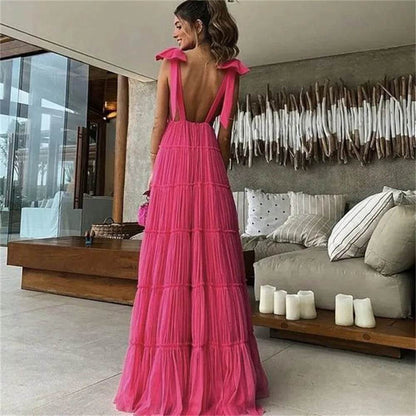 Chic Pink Spaghetti Strap Evening Dress - Deep V Neck Gown - Buy Center