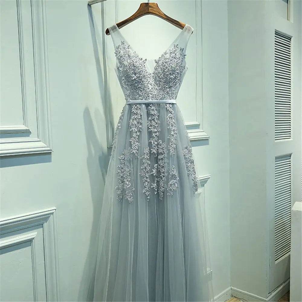 Elegant A-Line V-Neck Tulle Dress - Sleeveless Prom Gown for Women - Buy Center