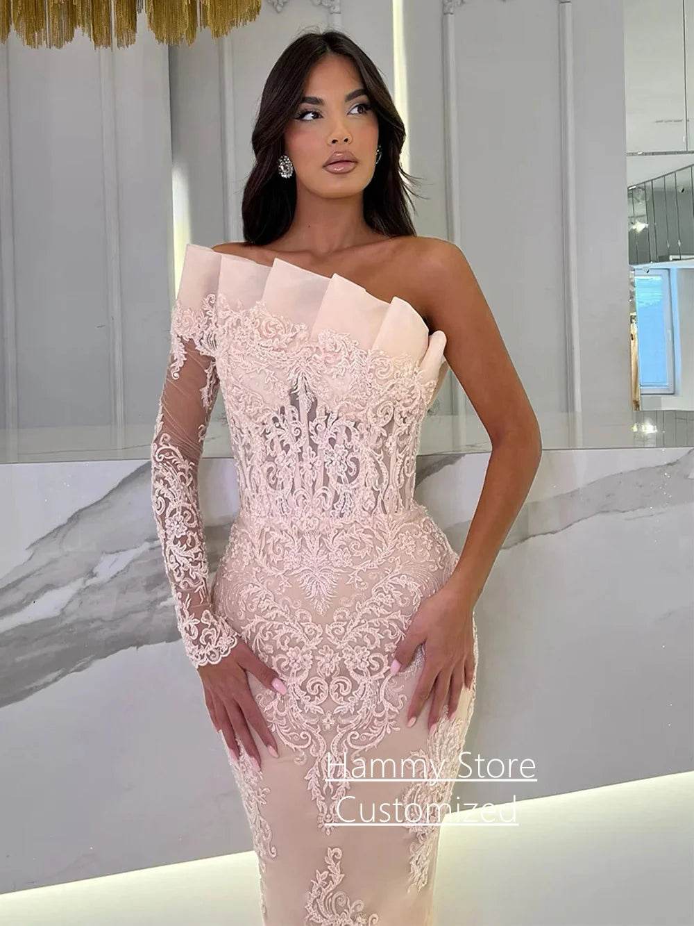 Light Blue Mermaid Evening Dress - One Shoulder, Sequined Appliques - Buy Center