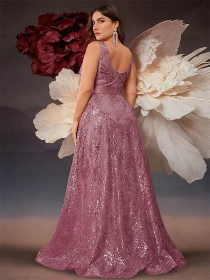 Elegant Plus Size Deep V-Neck Sequins Evening Dress - Lucy in Love - Buy Center