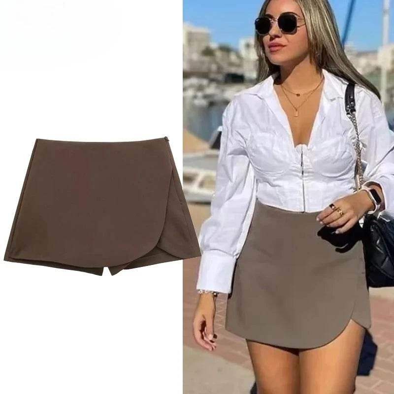 Women's High Waist Mini Skort - Stylish Brown & Pink Casual Wear - Buy Center