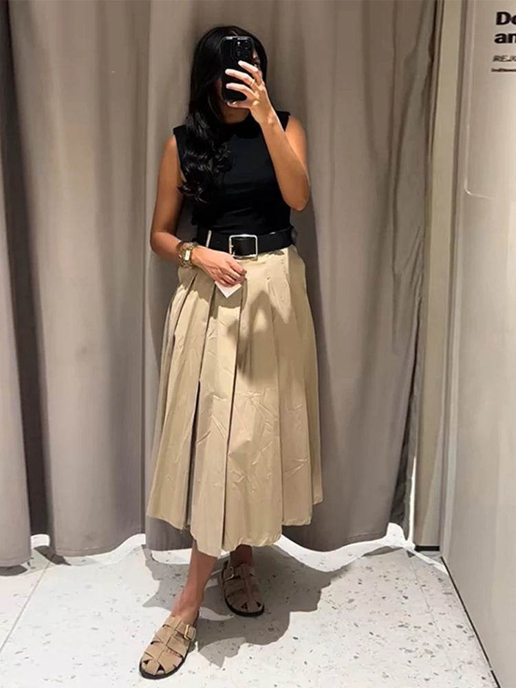 Chic Patchwork Pleated Maxi Dress - High Waist Sleeveless Style - Buy Center