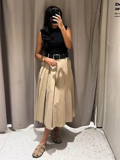 Chic Patchwork Pleated Maxi Dress - High Waist Sleeveless Style - Buy Center