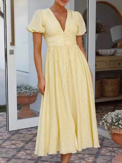 Women's Elegant V-Neck Puff Sleeve Dress - Summer Beach Party Style - Buy Center