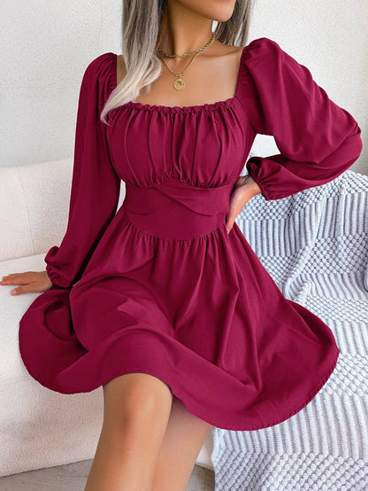 Casual Ruched Square Neck Dress - Long Sleeve Ruffle Trim for Women - Buy Center