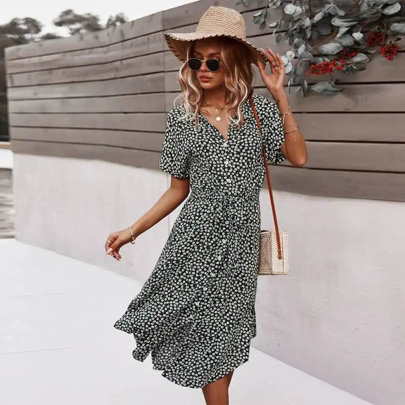 Bohemian Floral Print Midi Dress - Short Sleeve V-Neck Women's Wear - Buy Center