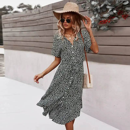 Bohemian Floral Print Midi Dress - Short Sleeve V-Neck Women's Wear - Buy Center