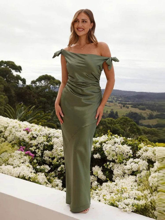 Elegant Off-Shoulder Bow Satin Maxi Dress - Ankle-Length for Women - Buy Center