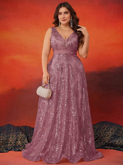 Elegant Plus Size Deep V-Neck Sequins Evening Dress - Lucy in Love - Buy Center