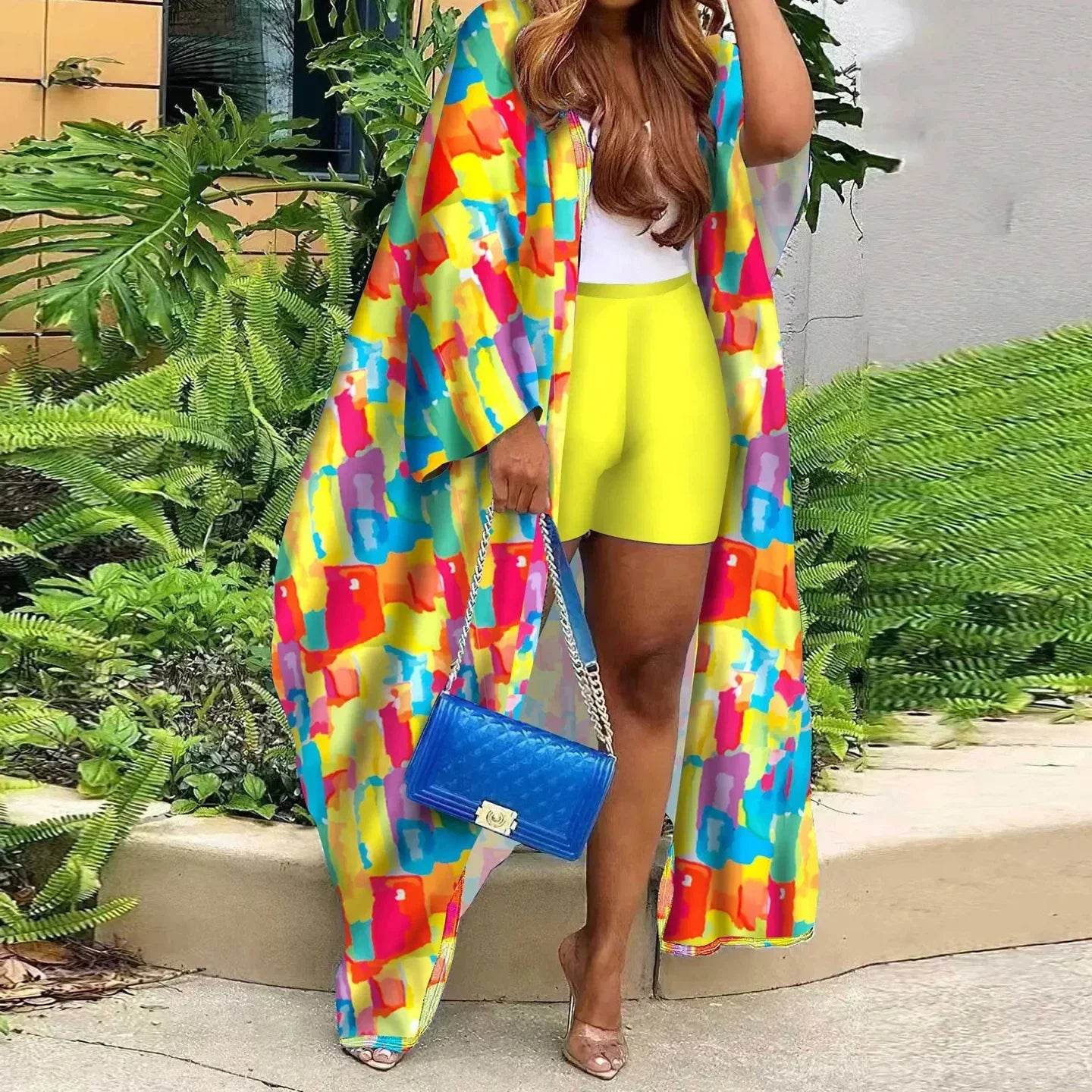 Kalenmos Women's Abstract Print Batwing Sleeve Cardigan & Shorts Set - Buy Center