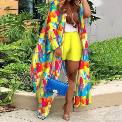 Kalenmos Women's Abstract Print Batwing Sleeve Cardigan & Shorts Set - Buy Center
