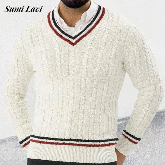 2024 Autumn Fashionable Sweater Mens Long Sleeve V Neck Striped Knit Jumpers Men Casual Slim Knitting Pullover Tops Streetwear - Buy Center