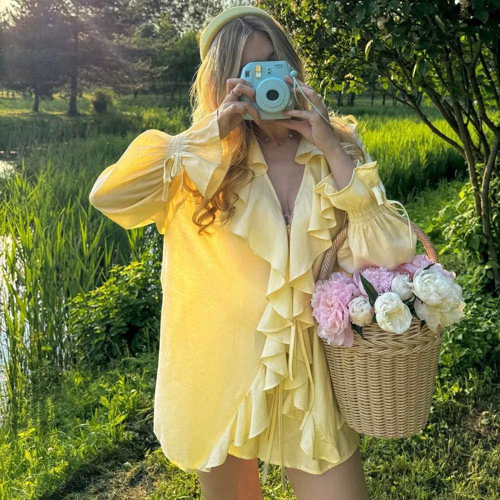 Tuularose Women's Ruffled Tie Top & Shorts Set - Casual Office Style - Buy Center